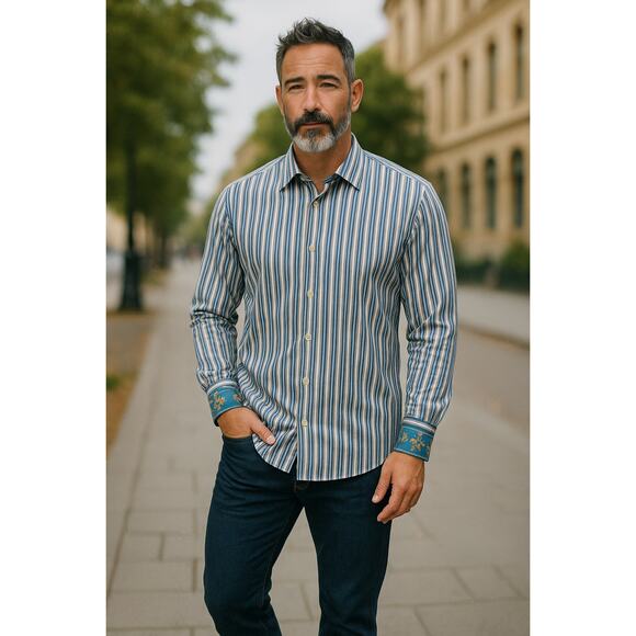 Robert Graham Men’s Striped Button Down Shirt Silk Trim Flip Cuff Blue Size XXL - Picture 14 of 14